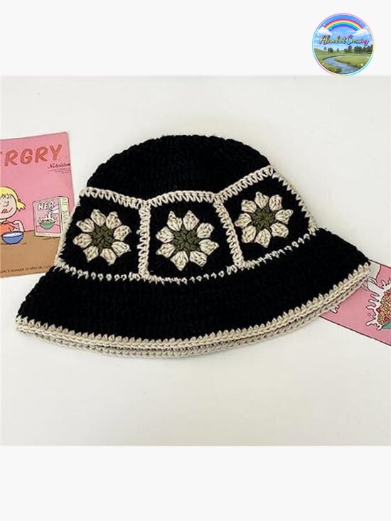 Handmade Crochet Bucket Hat Knitted Floppy Fishing Hat Floral Striped Outdoor